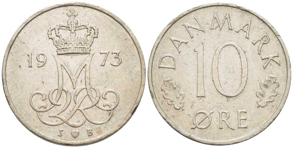 ДАНИЯ 10 ЭРЕ 1973 S; B, МАРГРЕТЕ II (1972-) KM 860.1 медно-никель 214-539