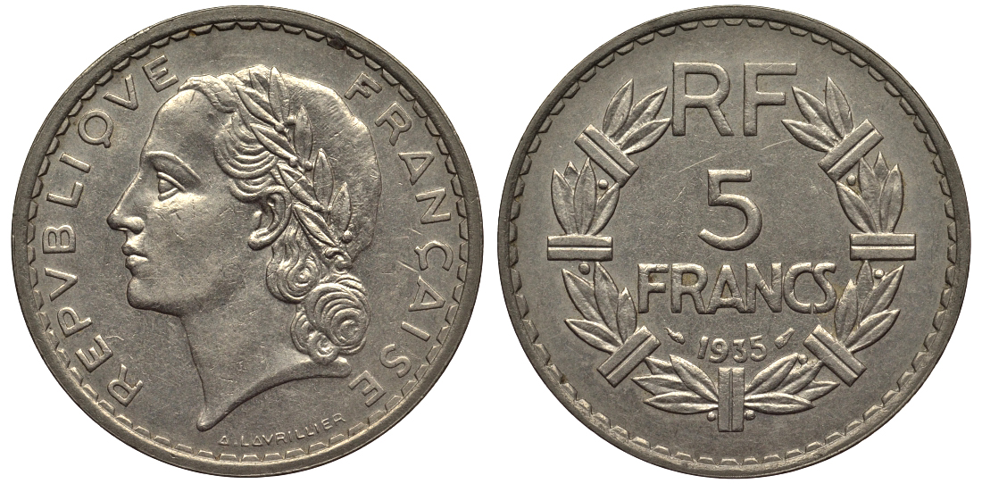 ФРАНЦИЯ 5 ФРАНКОВ 1935 KM 888 никель 215-345