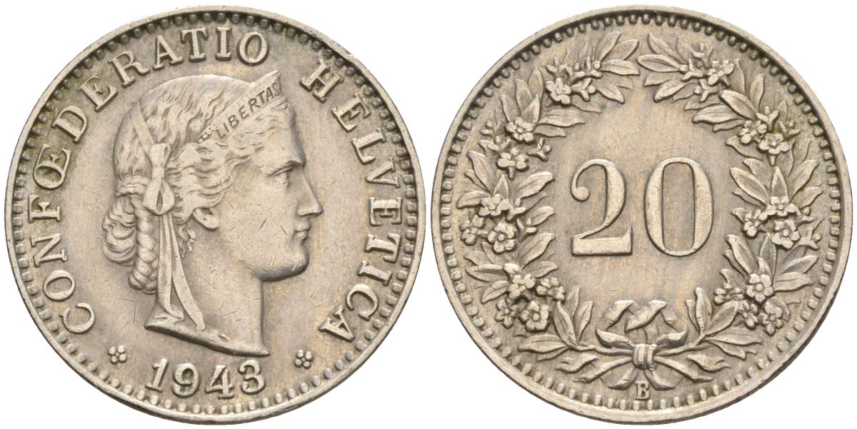Швейцария 20 раппенов 1943 B KM 29a медно-никель 4606-745