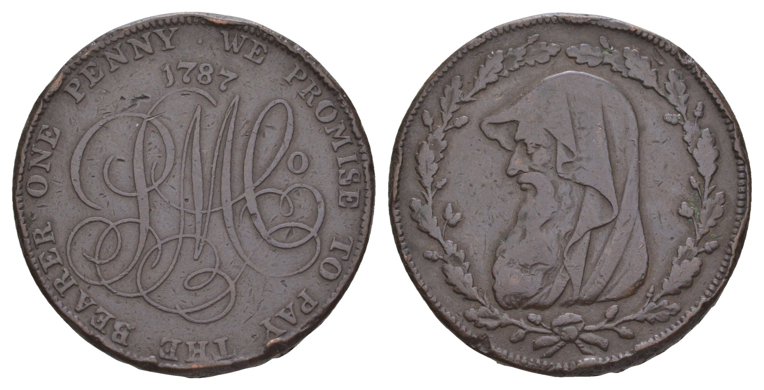 Великобритания, Англси 1 пенни 1787 Parys Mines Co, друид, гурт надпись медь 1519-335