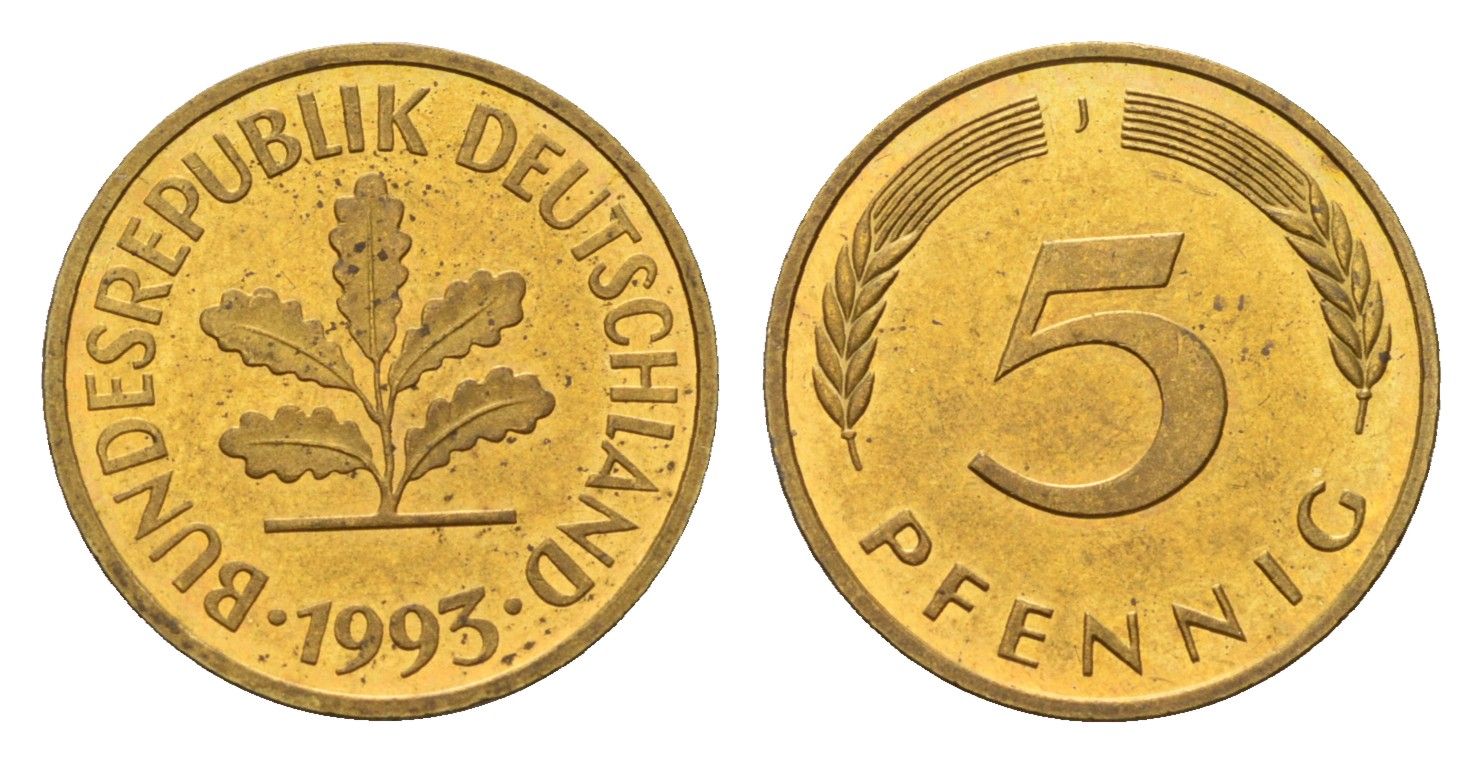 Германия 5 пфеннигов 1993 J KM 107, J. 382 сталь плакированная латунью 4685-444