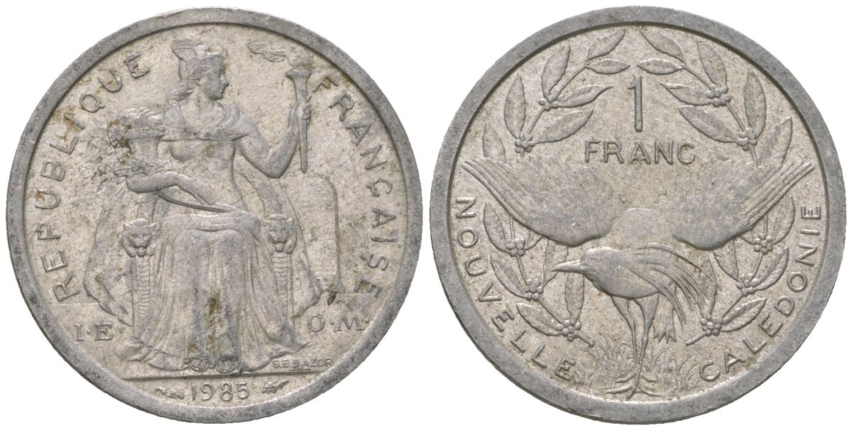 Французская Новая Каледония 1 франк 1985 птица кагу, (IEOM) KM 10, Schoen 10, Lec 47 алюминий 51-2833