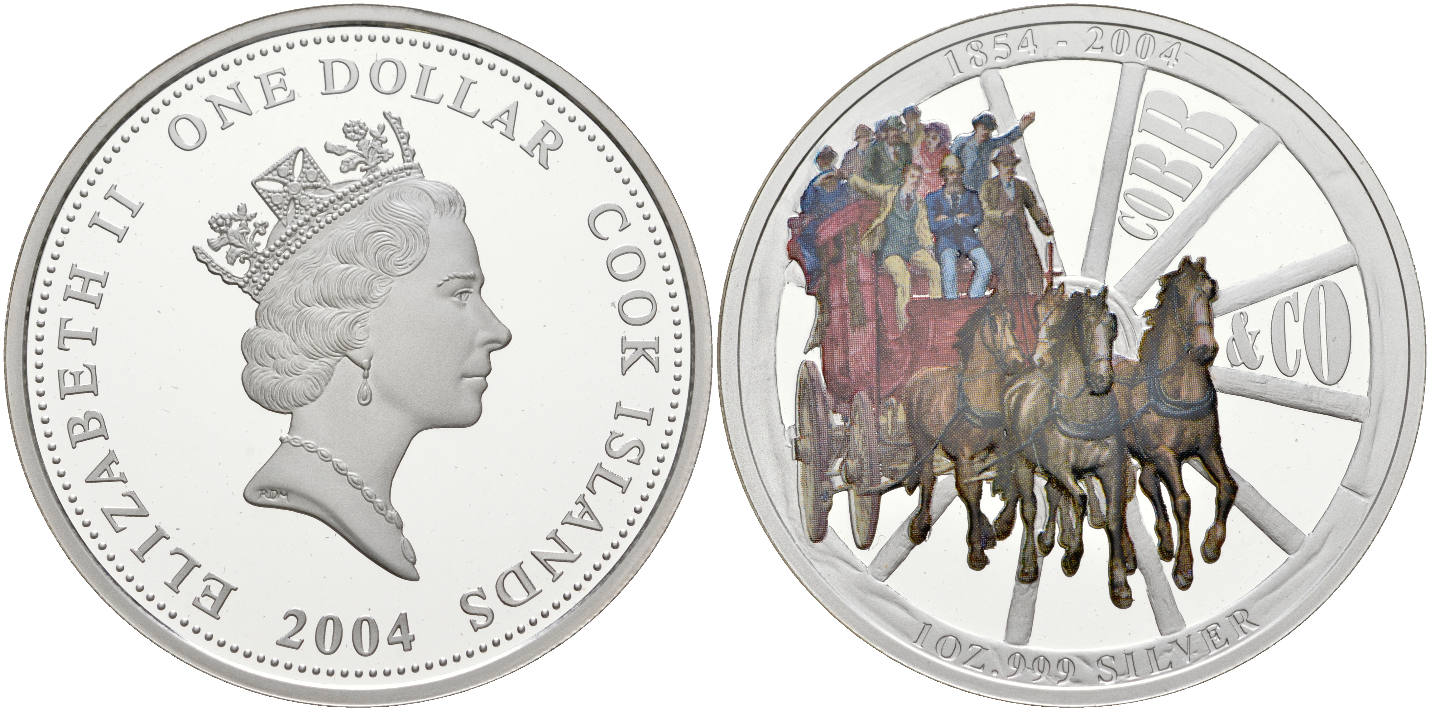 Острова Кука 1 доллар 2004 150 лет компании Cobb & Co, цветная эмаль KM 1146 серебро PROOF 7-5-5-32