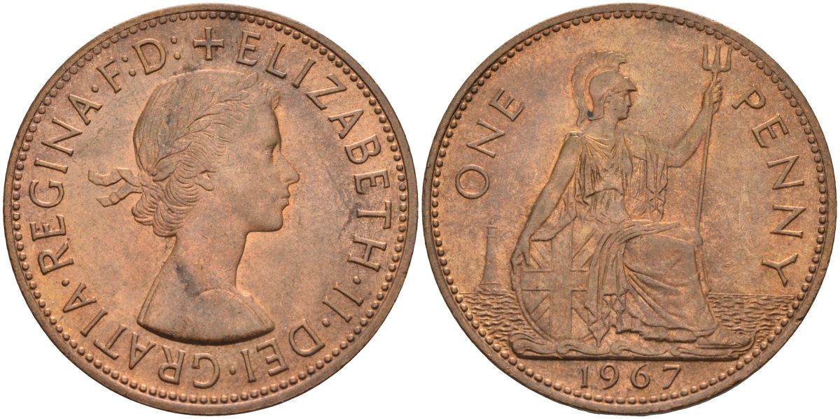 Великобритания 1 пенни 1967 Елизавета II (1952-2022) KM 897, Spink 4157 бронза 4117-914