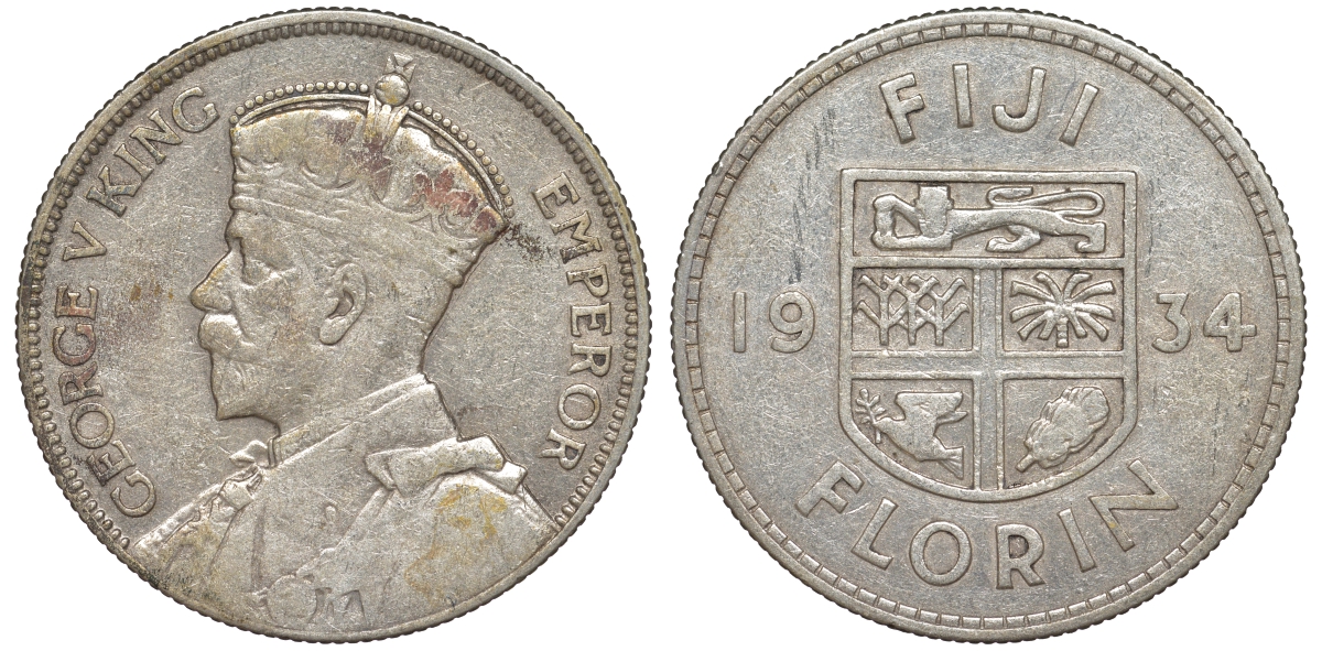 Фиджи 1 флорин 1934 Георг V (1910-1936), герб Фиджи KM 5 серебро 91-1231