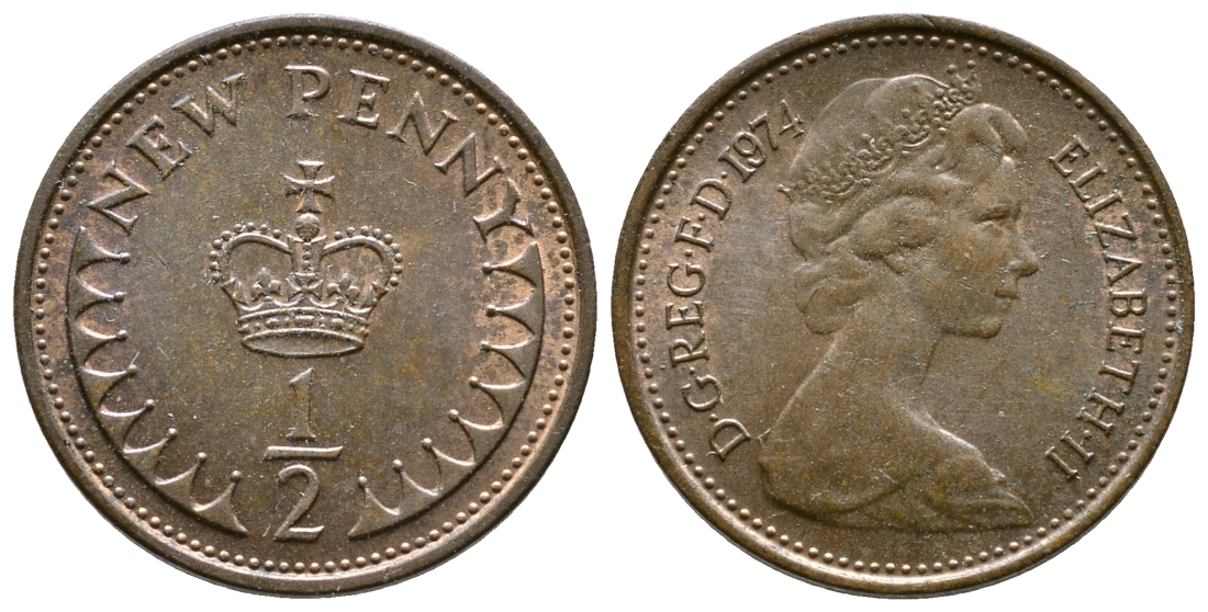Великобритания 1/2 пенни 1974 Елизавета II (1952-2022) KM 914, Spink 4239 бронза 220-426
