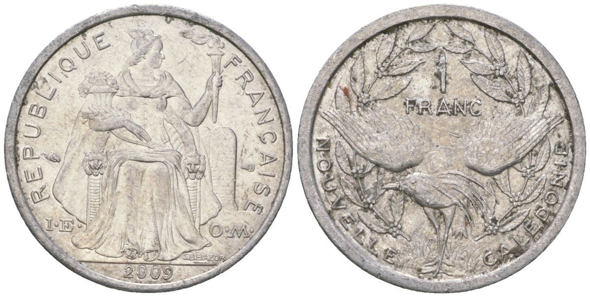 Французская Новая Каледония 1 франк 2009 птица кагу, (IEOM) KM 10, Schoen 10 алюминий 35-411