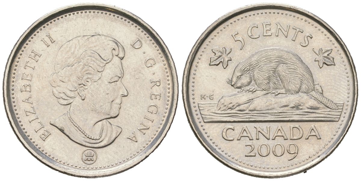 Канада 5 центов 2009 Leaf, Елизавета II (1952-2022), бобер KM 491 сталь плакированный никелем UNC 4382-1114