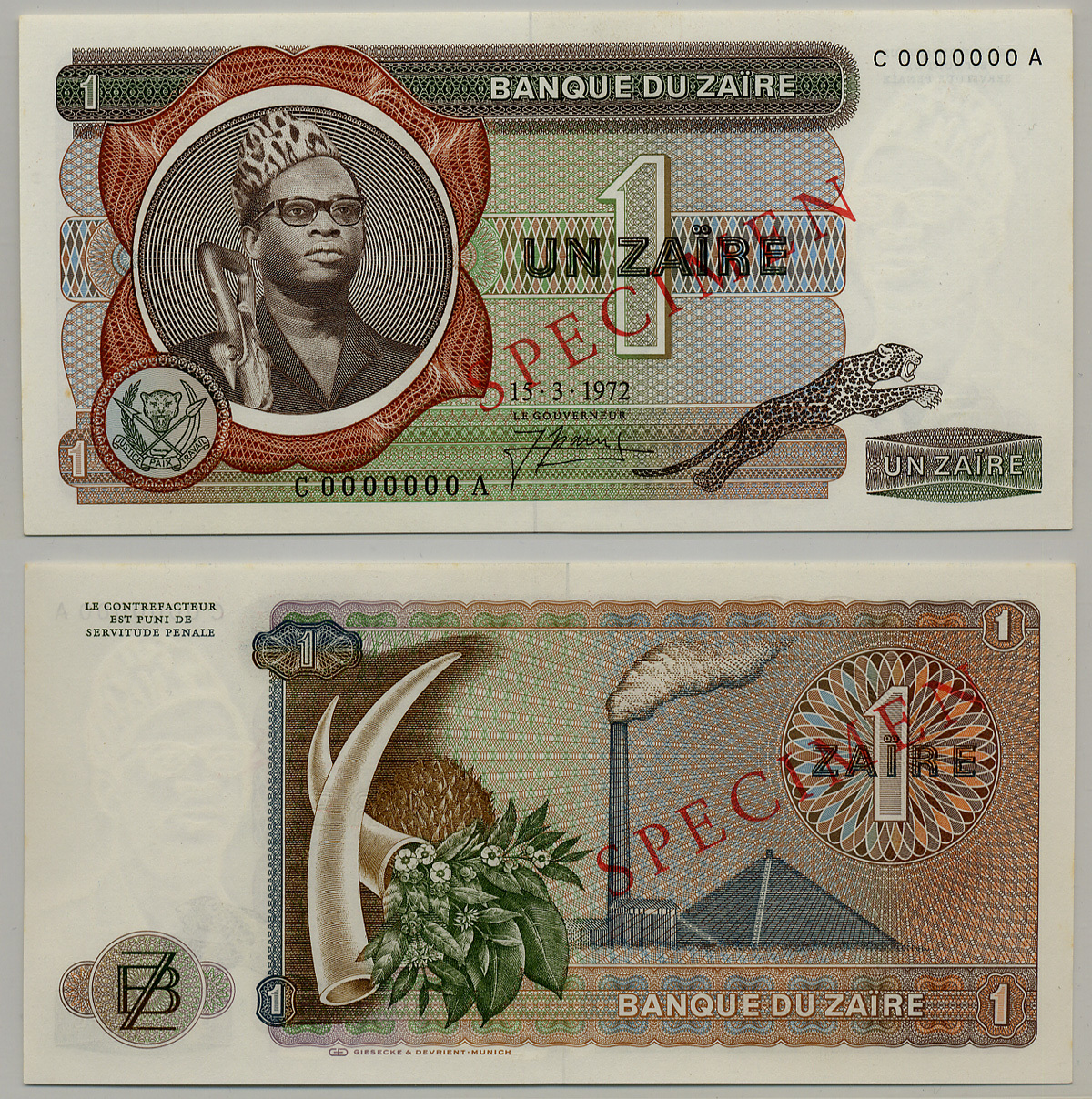 Заир 1 заир 1972 Мобуту Сесе Секо, бивни слона, фабрика. Образец, Specimen Pick 18 a s бумага aUNC 6279-13-3-1