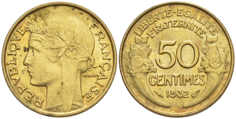 ФРАНЦИЯ 50 САНТИМОВ 1932 ТИП MORLON, OPEN 9, С ЯГОДОЙ KM 894.1, LE FRANC 192.7 алюминиевая бронза 44-662