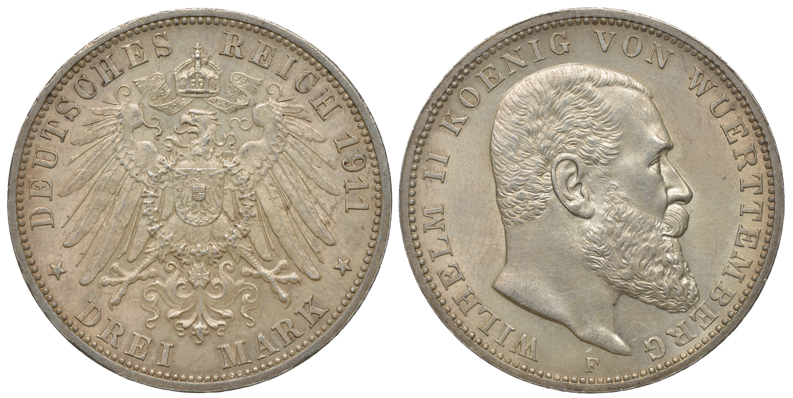 Вюртемберг 3 марки 1911 F, Вильгельм II (1891-1918) Weege 171, J. 175, KM 635 серебро UNC 413-1011