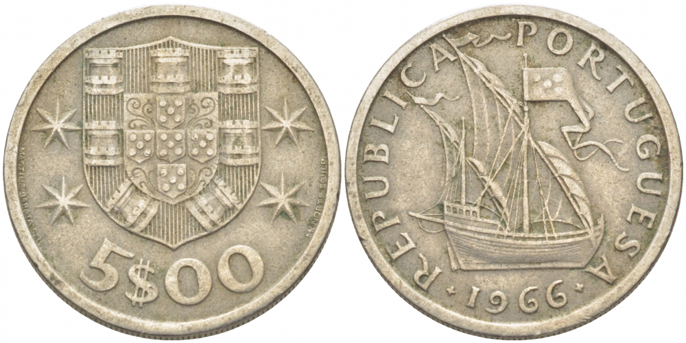 Португалия 5 эскудо 1966 парусник KM 591 медно-никель 3718-453