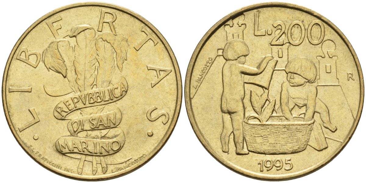 Сан-Марино 200 лир 1995 двое детей играют KM 329 алюминиевая бронза 4126-137