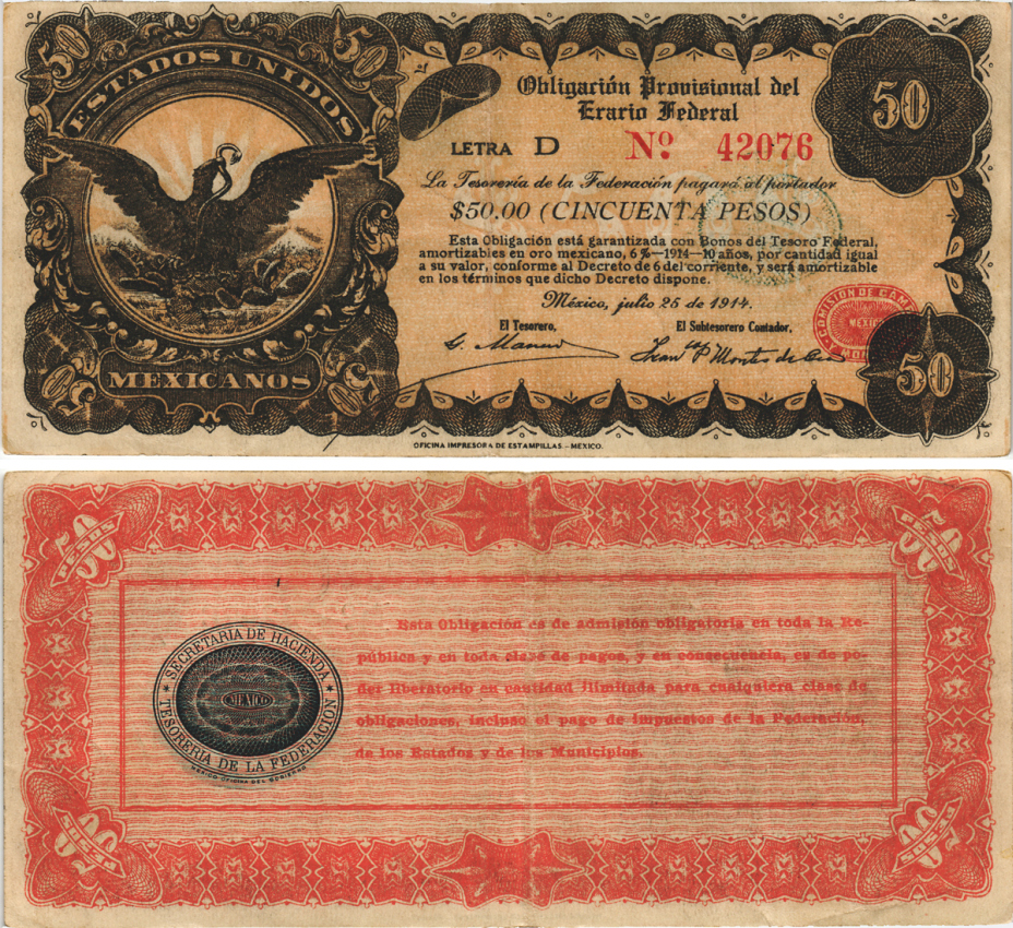 МЕКСИКА, РЕВОЛЮЦИЯ 50 ПЕСО 1914 ОБЛИГАЦИЯ ФЕДЕРАЛЬНОГО ЗАЙМА 1914 ГОДА Pick S716 бумага 7457-14-2