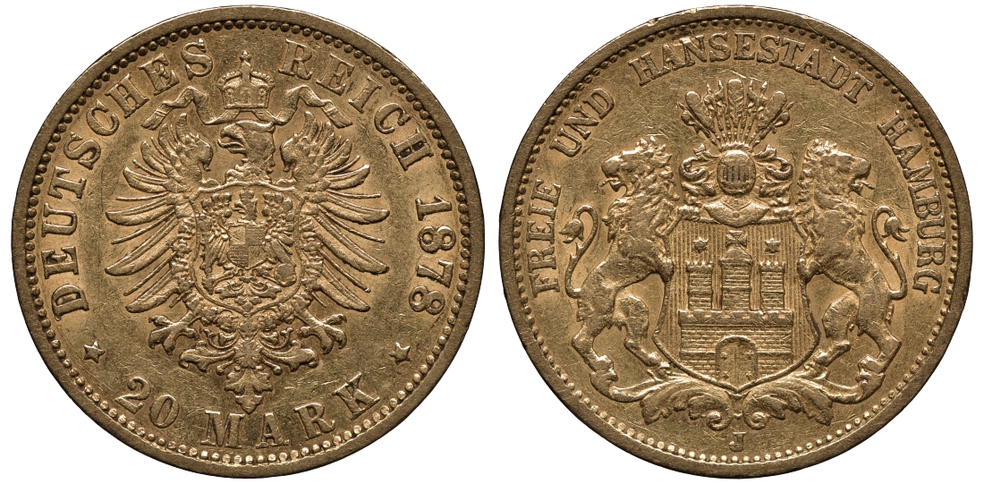 Гамбург 20 марок 1878 J. 210, KM 288 золото 00-000-00