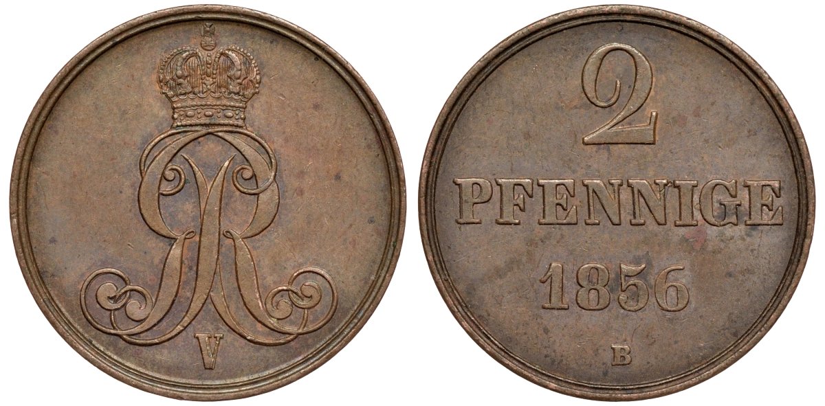 Брауншвейг-Каленберг-Ганновер 2 пфеннига 1856 B, Георг V (1851-1866) KM 217,  AKS 152, J. 84 медь 4142-216