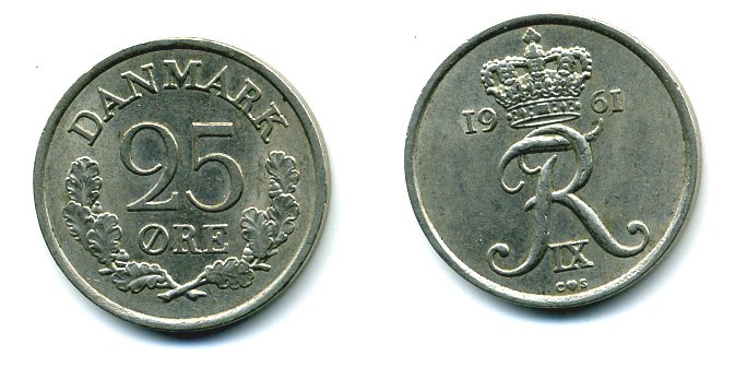 ДАНИЯ 25 ЭРЕ 1961 ФРИДЕРИК IX KM 850 медно-никель 04-914