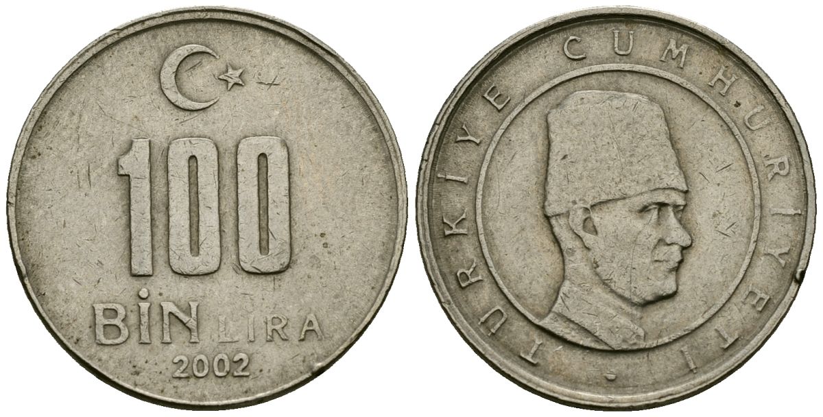 Турция 100000 лир 2002 Мустафа Кемаль Ататюрк KM 1106 медь цинк никель 4167-122