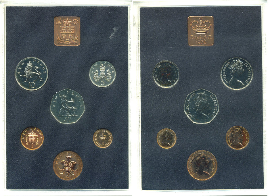 Великобритания официальный набор из 6 монет + жетон монетного двора 1976 в оригинальной пластиковой упаковке KM PS 32   PROOF  3-6-2-10