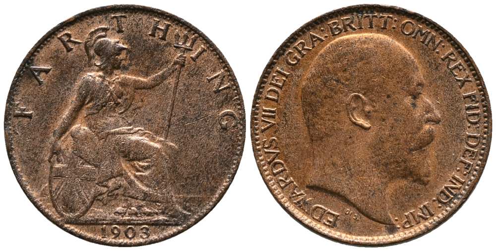Великобритания 1 фартинг 1903 Эдуард VII (1901-1910), KM 792, Spink 3992 бронза 117-251