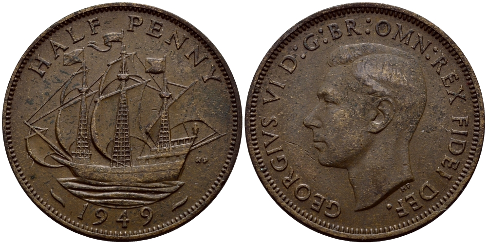 Великобритания 1/2 пенни 1949 Георг VI (1936-1952) KM 868, Spink 4118 бронза 62-1146