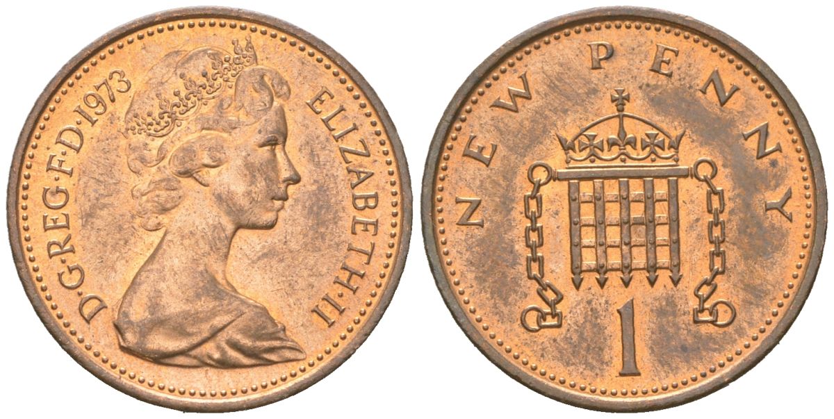 Великобритания 1 новый пенни 1973 Елизавета II (1952-2022) KM 915, Spink 4237 (B1) бронза UNC 4151-317