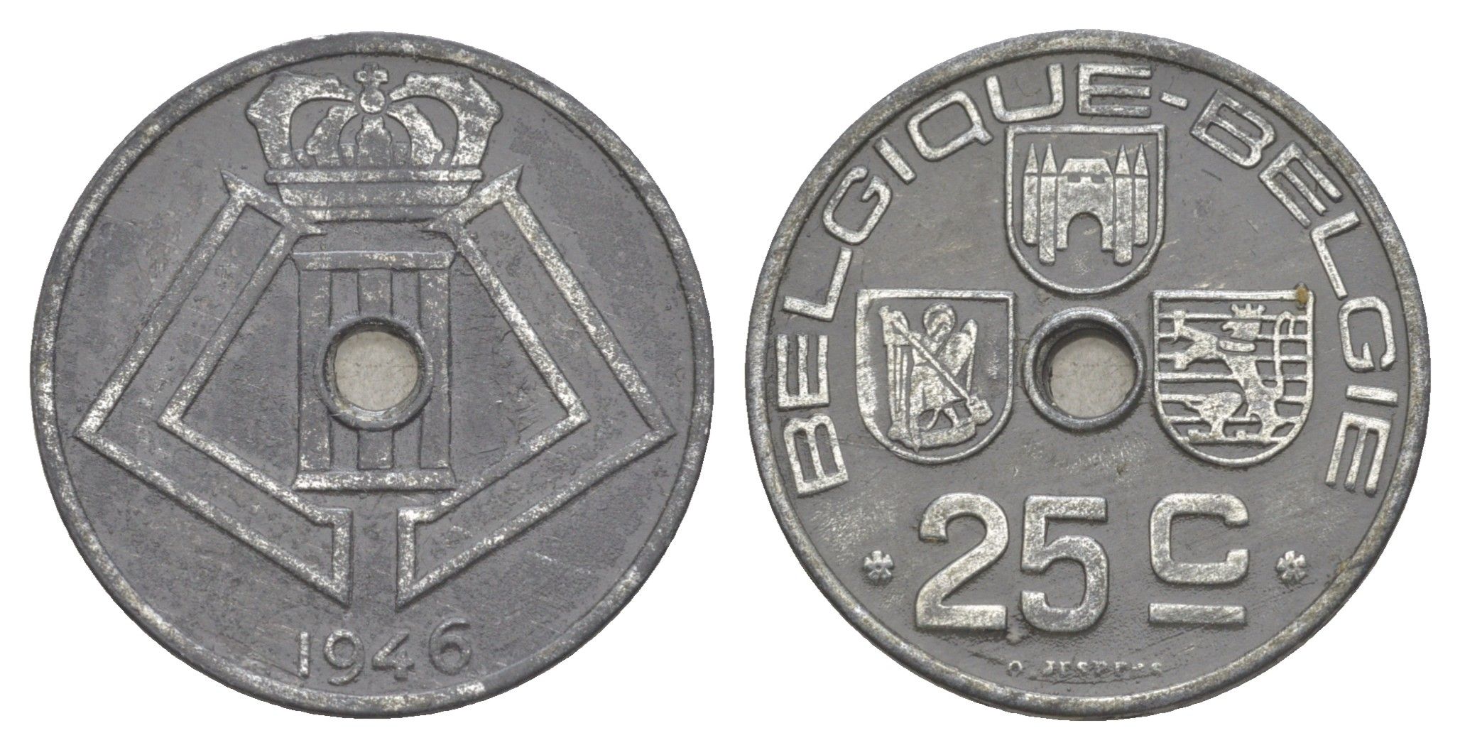 Бельгия 25 сантимов 1946 Belgique - Belgie, Леопольд III (1934-1947), германская оккупация, Вторая мировая война KM 131 цинк 4619-1026