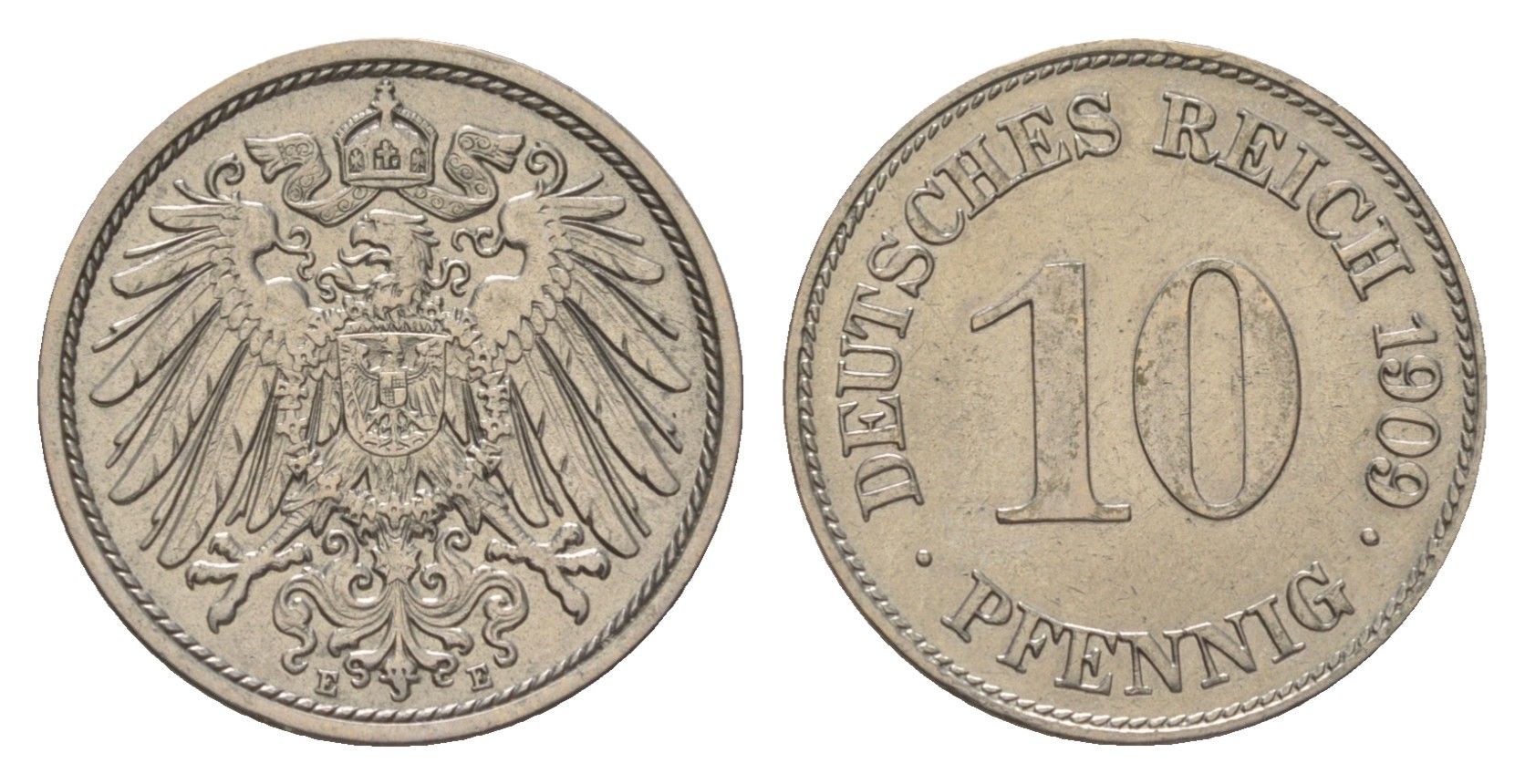 Германия 10 пфеннигов 1909 E, Вильгельм II (1888-1918) KM 12, J. 13 медно-никель aUNC 4625-1028