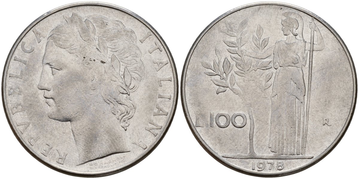 Италия 100 лир 1978 R, Афина у оливкого дерева KM 96.1 нержавеющая сталь 4149-1225