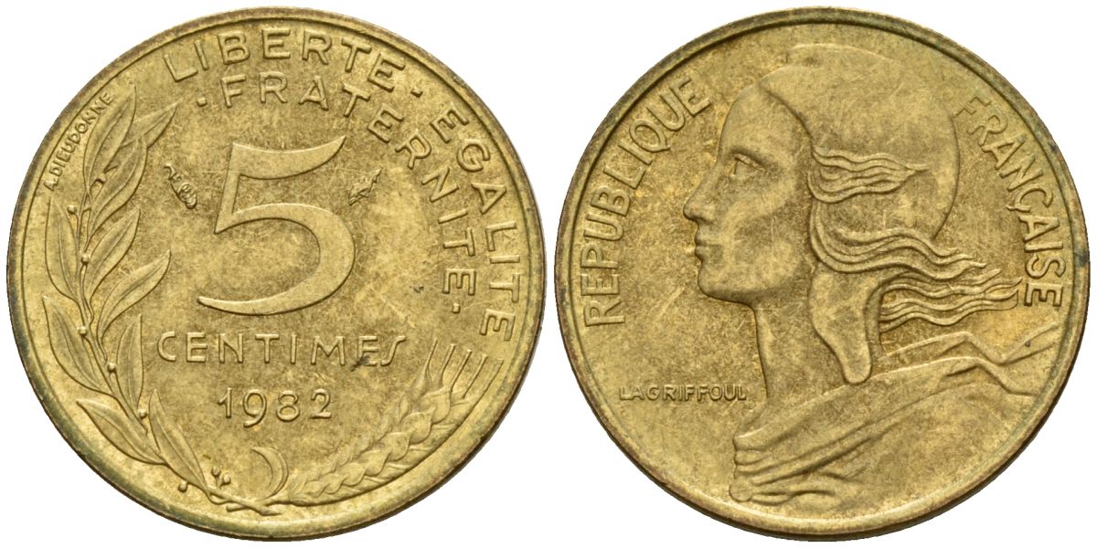 Франция 5 сантимов 1982 KM 933 алюминиевая бронза 4152-434