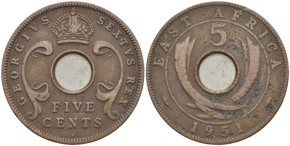 Британская Восточная Африка 5 центов 1951 Георг VI (1936-1952) KM 33 бронза 94-452