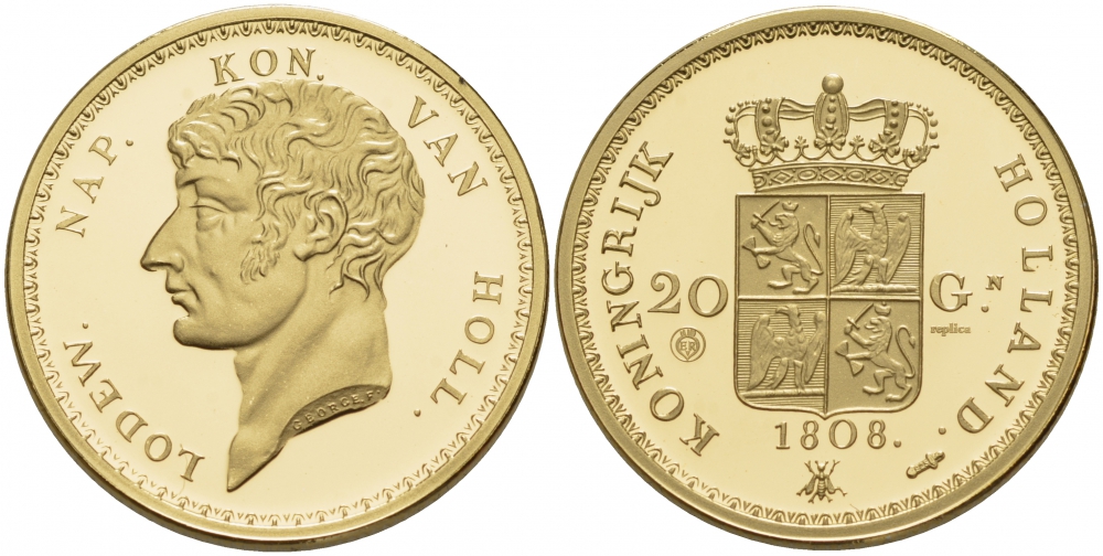 НИДЕРЛАНДЫ МЕДАЛЬ ND СЕРИЯ СТАРЫЕ МОНЕТЫ, 20 ГУЛЬДЕНОВ 1808, ФРАНЦУЗСКИЙ ИМПЕРАТОР ЛУИ НАПОЛЕОН (НАПОЛЕОН III) 1806-1810, УТРЕХТ, ПОЗОЛОТА серебро PROOF 1087-4-35