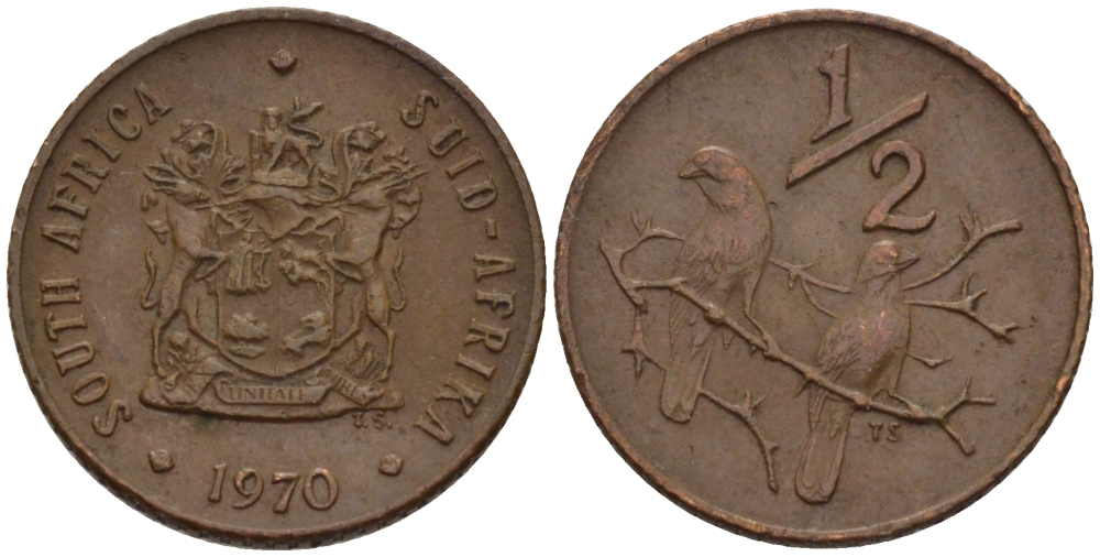 ЮАР 1/2 цента 1970 два капских воробья на ветке KM 81 бронза UNC 66-316
