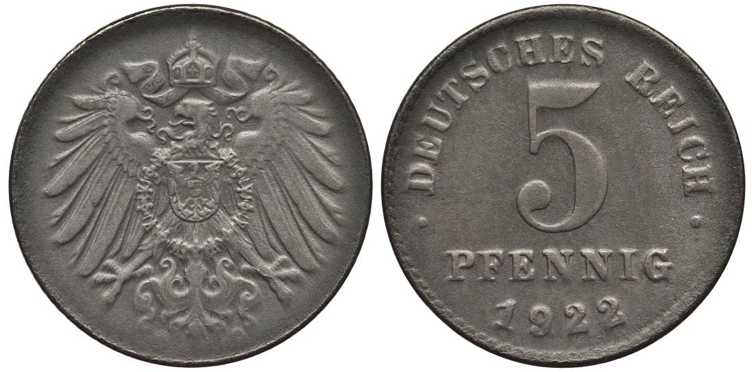 ГЕРМАНИЯ 5 ПФЕННИГОВ 1922 KM 19, Jager 297, Weege 5 железо 4547-634