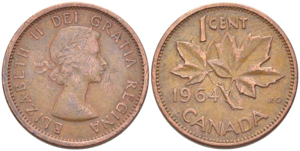 Канада 1 цент 1964 Елизавета II (1952-2022), кленовый лист KM 49 бронза 218-831