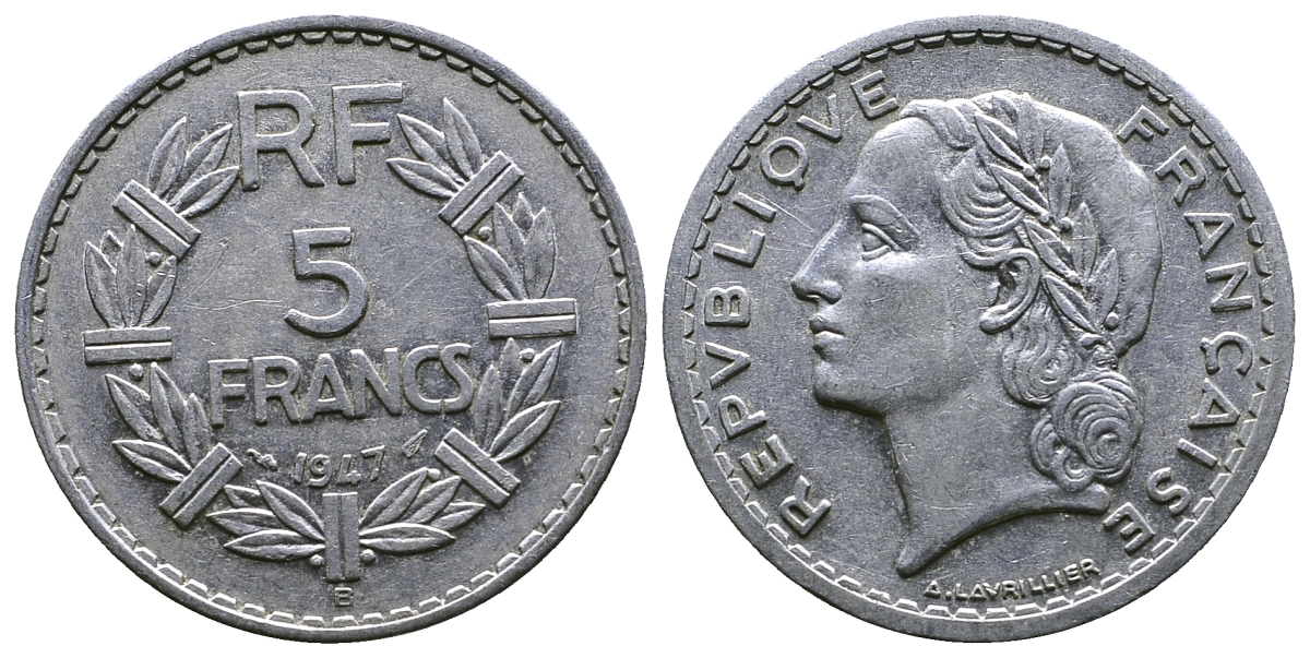ФРАНЦИЯ 5 ФРАНКОВ 1947 B, CLOSED 9 KM 888b.2 алюминий 4364-4325