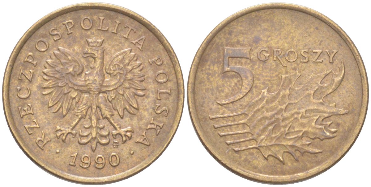 Польша 5 грошей 1990 Y 278 марганец латунь 4614-265