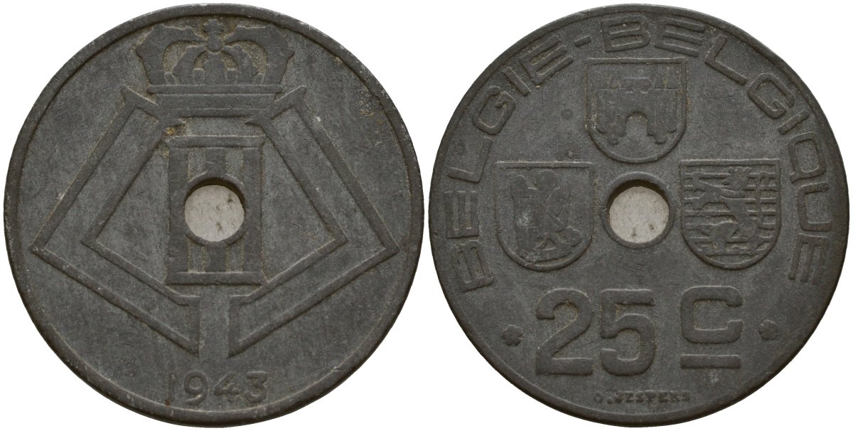 Бельгия 25 сантимов 1943 Belgie - Belgique, Леопольд III (1934-1947), германская оккупация, Вторая мировая война KM 132 цинк 4157-611