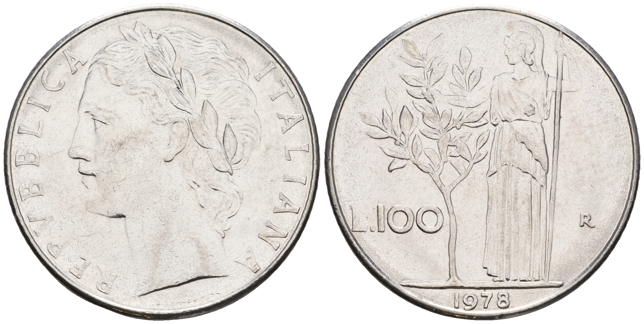 Италия 100 лир 1978 R, богиня Афина KM 96.1 нержавеющая сталь 259-151