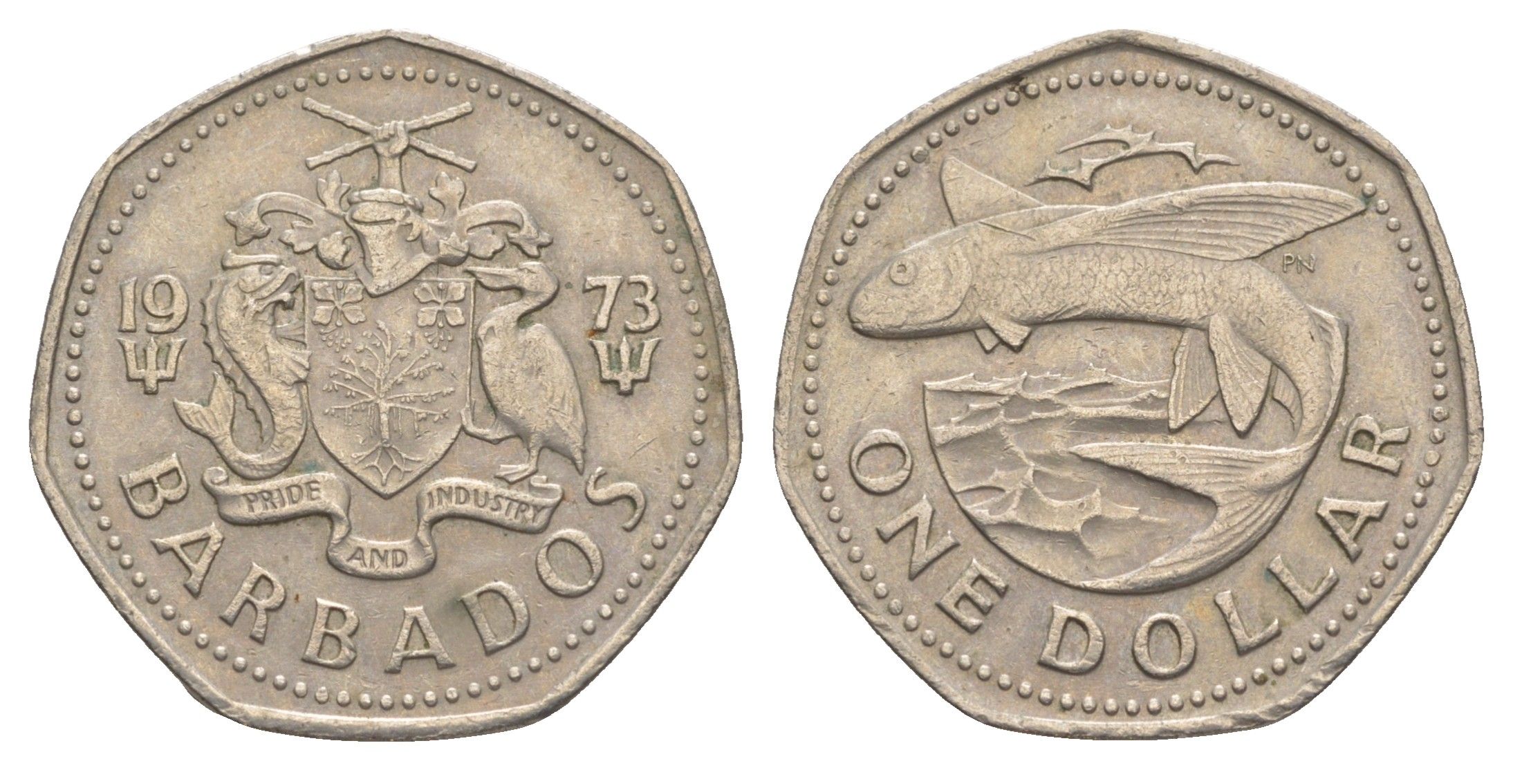 Барбадос 1 доллар 1973 летучая рыба KM 14.1 медно-никель 4637-316