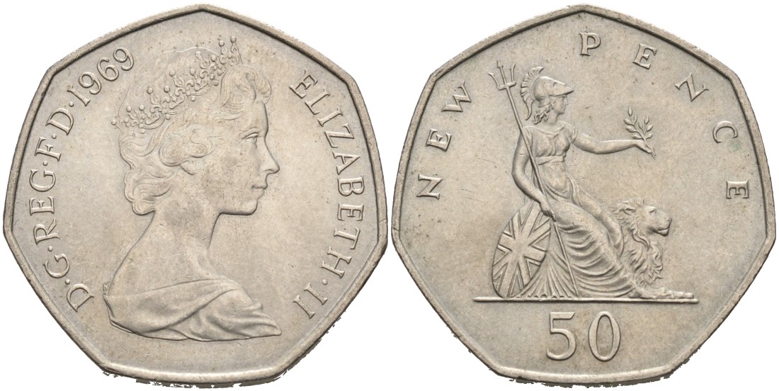Великобритания 50 пенсов 1969 Елизавета II (1952-2022) KM 913, Spink 4223 (H1) медно-никель UNC 88-532