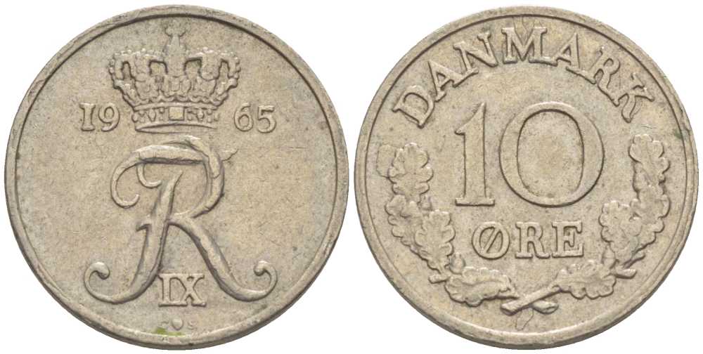 Дания 10 эре 1965 C;S, Фредерик IX (1947-1972) КМ 849.1 медно-никель 4387-948