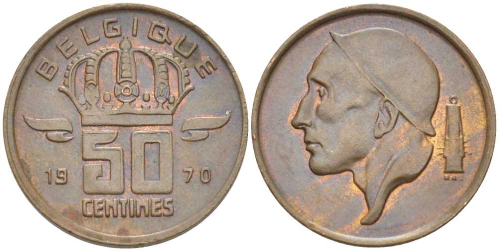 БЕЛЬГИЯ 50 САНТИМОВ 1970 BELGIQUE, БОДУЭН I (1951-1993) KM 148.1 бронза 206-214