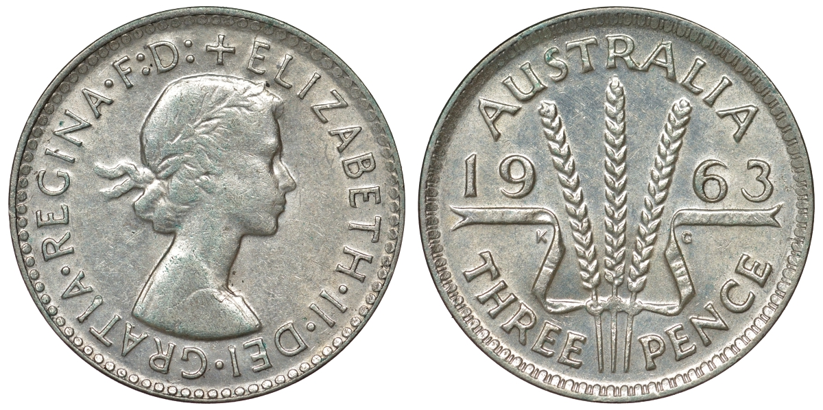 Австралия 3 пенса 1963 m, Елизавета II (1952-2022) KM 57 серебро 71-852