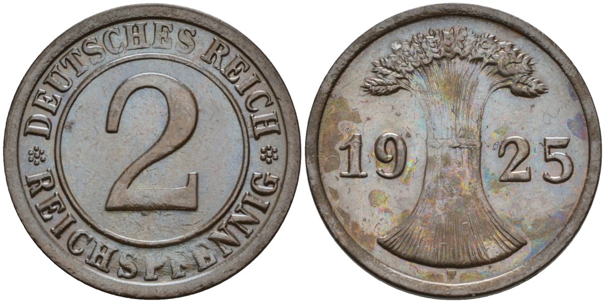 Германия 2 рейхспфеннига 1925 F KM 38, J.314, Weege 4 медь 4584-647