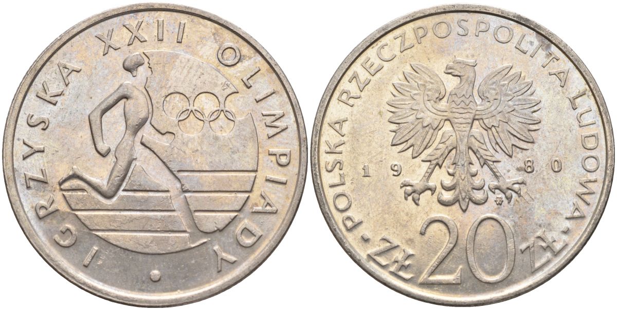 Польша 20 злотых 1980 MW, XXII летние Олимпийские Игры, Москва 1980, бегун KM 108, Parchimowicz 252 медно-никель 4531-231
