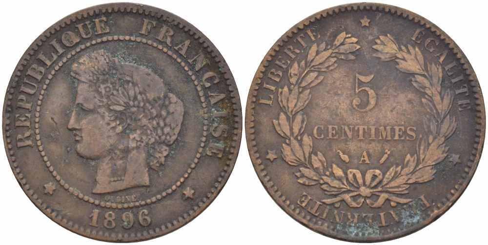 ФРАНЦИЯ 5 САНТИМОВ 1896 A, ТРЕТЬЯ РЕСПУБЛИКА (1871-1940) KM 821.1, LE FRANC 118.38 бронза 108-741