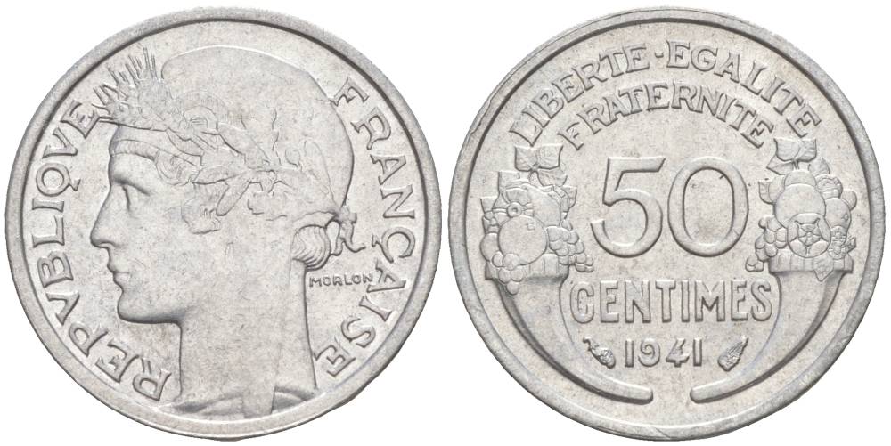 ФРАНЦИЯ 50 САНТИМОВ 1941 ТИП MORLON LOURDE KM 894.1a, LE FRANC 193.2 алюминий 44-164
