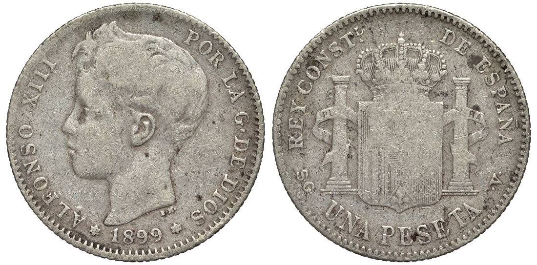 Испания 1 песета 1899 (99) SG-V, Альфонсо XIII (1886-1931) KM 706 (Y88) серебро 4566-632