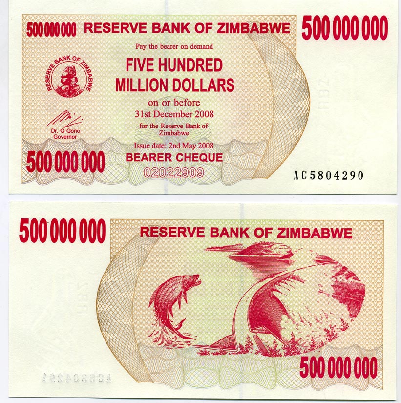 Зимбабве 500000000 долларов 2008 тигровая рыба, Кариба ГЭС Pick 60 бумага UNC (пресс) 448-53-2